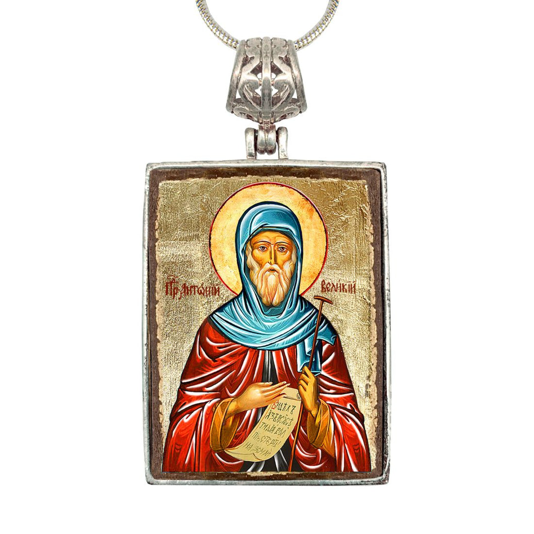 Saint Anthony Religious Jewelry Silver Plated Necklace, Gold-Plated Wooden Cabochon - Christian Sacred Icon