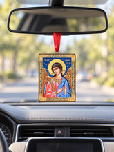 Load image into Gallery viewer, Nativity of Christ &amp; Guardian Angel Wooden Icon Christmas Ornaments - Gold Foiled  2 Sided - With Red Ribbon - Set of 2
