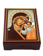 Load image into Gallery viewer, Virgin of Kazan Icon Box Wooden Rosary Prayer Beads Keepsake Box Religious Christian - Lined With Velvet - High Quality - Religious Gift Idea  5 1/16"
