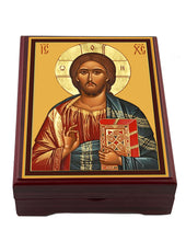 Load image into Gallery viewer, Christ The Teacher Byzantine Icon Box Wooden Rosary Prayer Beads Keepsake Box Religious Christian - Lined With Velvet - High Quality - Religious Gift Idea  5 1/16"

