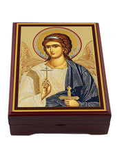 Load image into Gallery viewer, Guardian Angel Icon Box Wooden Rosary Prayer Beads Keepsake Box Religious Christian - Lined With Velvet - High Quality - Religious Gift Idea  5 1/16"
