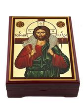 Load image into Gallery viewer, Christ The Good Shepherd Icon Box Wooden Rosary Prayer Beads Keepsake Box Religious Christian - Lined With Velvet - High Quality - Religious Gift Idea  5 1/16"
