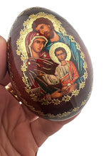 Load image into Gallery viewer, Byzantine Icon Egg Virgin Of Holy Family Wooden Icon Egg on Gold Metal Stand 3¼ inches tall - Gold Foil Icon
