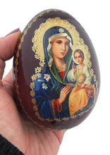 Load image into Gallery viewer, Eternal Bloom  Virgin Mary &amp; Christ Wooden Russian Icon Egg With Gold Metal Stand 6" - Gold Foil Icon
