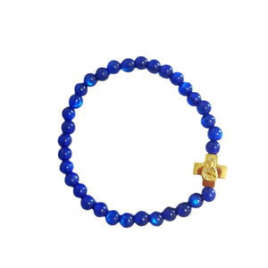 Prayer Bracelet with Blue Beads, Gold-tone Cross
