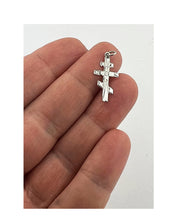 Load image into Gallery viewer, Small Three Bar Barred Sterling Silver 925 Orthodox Cross Pendant  1" Including Bail - Perfect Size as Baptismal Cross - Comes with Tapestry Pouch
