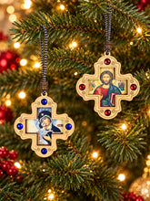 Load image into Gallery viewer, Virgin of Vladimir - Christ Blessings Wooden Icon Cross Ornaments - Pendants on Rope for Car Room Christmas Tree - 2 3/4"

