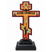 Load image into Gallery viewer, Small Standing Three Bar Orthodox Cross - Wooden Byzantine Crucifix Prayer on The Back Save Us in Slavonic  - Jesus Christ Crucifixion with Gold Foil 5"x2 3/4"
