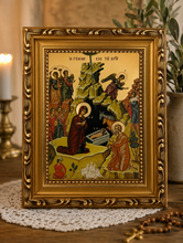 Load image into Gallery viewer, Nativity of Christ Gilded - 9 3/4"x7 1/2"  Byzantine Greek Icon  - Wooden Frame With Stand For Standing and Hook For Hanging on Wall
