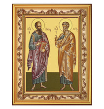 Load image into Gallery viewer, Holy Apostles Peter And Paul Icon, Full Body - Framed Gilded - Byzantine Greek Icon - Wooden Gold Frame With Stand For Standing and Hook For Hanging on Wall 7 1/4"x5 3/4"
