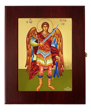 Load image into Gallery viewer, Archangel Michael Icon Gilded Wall Hanging Sacred Framed Icon Box - For Prayer Ropes, Beads, Jewelry Prayer Cards Anything Sacred - Byzantine Greek Icon 7 1/2 Inch
