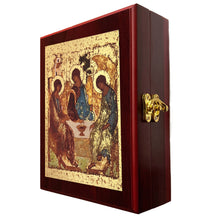 Load image into Gallery viewer, Silkscreen on Cotton Canvas - Gold Gilded Byzantine Greek Icon in Wall Hanging Sacred Framed Icon Box  Byzantine Greek Icon 7 1/2 Inch
