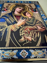 Load image into Gallery viewer, Perpetual Help Orthodox Catholic Icon Gold Foil Wooden Icon 7 1/2 inch, Wall Hanging &amp; Standing
