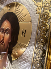 Load image into Gallery viewer, Christ The Teacher Icon - Gold &amp; Silver Foiled  - Icon Covered With Glass - Gold Embossed Icon Gold and Silver Foiled - Wall Hanging - High Quality - 13"x9 1/4"
