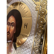 Load image into Gallery viewer, Set of 2 - Matching Icon Pair  Virgin of Kazan &amp; Christ The Teacher - Gold &amp; Silver Foiled Icon Covered With Glass - Gold Embossed Icon Gold and Silver Foiled - Wall Hanging - High Quality - 13"x9 1/4"
