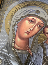 Load image into Gallery viewer, Virgin of Kazan - Gold &amp; Silver Foiled Icon Covered With Glass - Gold Embossed Icon Gold and Silver Foiled - Wall Hanging - High Quality - 13"x9 1/4"
