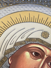 Load image into Gallery viewer, Virgin of Kazan - Gold &amp; Silver Foiled Icon Covered With Glass - Gold Embossed Icon Gold and Silver Foiled - Wall Hanging - High Quality - 13"x9 1/4"
