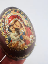 Load image into Gallery viewer, Icon of the Mother of God of Zhirovits Virgin Mary and Christ -  Wood Icon Egg on Gold Metal Stand 3¼ inches tall - Gold Foil Icon

