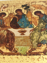 Load image into Gallery viewer, Holy Trinity Icon Silkscreen on Cotton Canvas - Gold Gilded Byzantine Greek Icon - in Wooden Frame Decorated With Crosses Comes With Stand For Standing and Hook For Hanging on Wall 7 1/4"x5 3/4"

