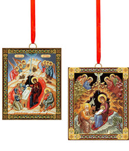 Load image into Gallery viewer, Nativity of Christ - Wooden Icon Ornaments - 2 Sided - With Red Ribbon - Gold Foil Icon Mounted on Wood - Set of 2
