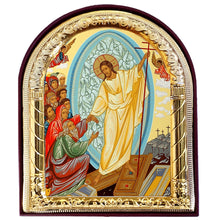 Load image into Gallery viewer, Resurrection of Christ Saints - Christ Holding Three Bar Cross - Gold Foil Arched Icon   4"x 3 1/4"
