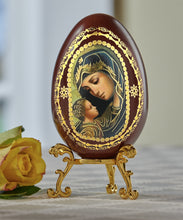 Load image into Gallery viewer, Madonna and Child  - Wooden Decoupage Gold Foil Icon Egg on Gold Tone Metal Egg Stand Holder 5 1/2 Inch
