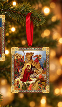 Load image into Gallery viewer, Nativity of Christ &amp; Guardian Angel Wooden Icon Christmas Ornaments - Gold Foiled  2 Sided - With Red Ribbon - Set of 2
