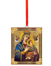 Load image into Gallery viewer, Nativity of Christ - Guardian Angel - Perpetual Help - Wooden Icon Christmas Ornaments - Gold Foiled  2 Sided - With Red Ribbon - Set of 3
