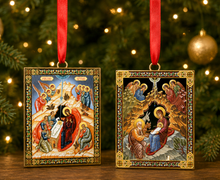 Load image into Gallery viewer, Nativity of Christ - Wooden Icon Ornaments - 2 Sided - With Red Ribbon - Gold Foil Icon Mounted on Wood - Set of 2
