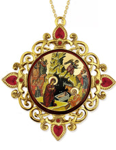 Load image into Gallery viewer, Nativity of Christ Greek Gold Foiled  Byzantine Christmas Icon Ornament - Framed In Jeweled Frame, Decorated With Faux Crystals, 4 Inch,
