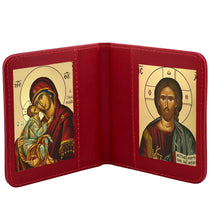 Load image into Gallery viewer, Sweet Kissing &amp; Christ the Teacher Greek Icon Diptych Byzantine Gold Foil Icons - Traveling Faith with Prayer in Leatherette Wallet Case
