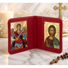Load image into Gallery viewer, Saint Michael &amp; Christ the Teacher Greek Icon Diptych Byzantine Gold Foil Icons - Traveling Faith with Prayer in Leatherette Wallet Case
