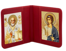 Load image into Gallery viewer, Traveling Icon Diptych - Book Saint Nicholas &amp; Guardian Angel - Traveling Faith - Leatherette Case 3 7/8" Gold Foiled Icons
