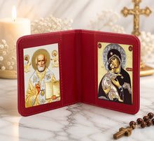 Load image into Gallery viewer, Traveling Icon Diptych - Book Saint Nicholas &amp; Virgin of Vladimir - Traveling Faith - Leatherette Case 3 7/8" Gold Foiled Icons
