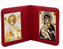 Load image into Gallery viewer, Traveling Icon Diptych - Book Saint Nicholas &amp; Virgin of Vladimir - Traveling Faith - Leatherette Case 3 7/8" Gold Foiled Icons
