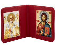 Load image into Gallery viewer, Traveling Icon Diptych - Book Saint Nicholas &amp; Christ The Teacher - Traveling Faith - Leatherette Case 3 7/8" Gold Foiled Icons
