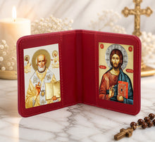 Load image into Gallery viewer, Traveling Icon Diptych - Book Saint Nicholas &amp; Christ The Teacher - Traveling Faith - Leatherette Case 3 7/8" Gold Foiled Icons
