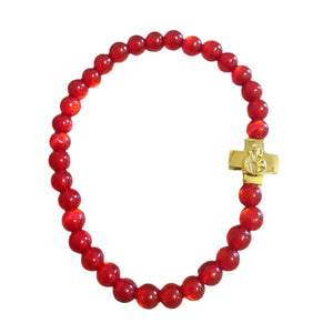 Prayer Bracelet with Red Beads, Gold-tone Cross