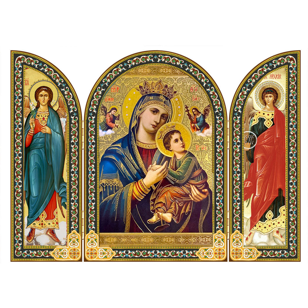 Perpetual Help Icon Triptych With Archangel Michael and Guardian Angel - Gold Foil