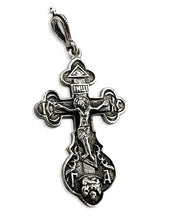 Load image into Gallery viewer, Crucifix Crucifixion Sterling Silver Cross Pendant  925  on The back "Save Us" in Slavonic and Icon of Virgin Mary -  Virgin of Kazan Christ -  1 3/4" Including bail

