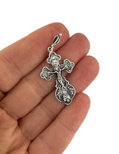 Load image into Gallery viewer, Crucifix Crucifixion Sterling Silver Cross Pendant  925  on The back "Save Us" in Slavonic and Icon of Virgin Mary -  Virgin of Kazan Christ -  1 3/4" Including bail
