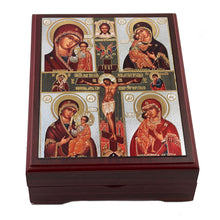Load image into Gallery viewer, Crucifixion With Four Virgin Mary  Wooden Icon Box - Keepsake Box - Lined With Velvet - High Quality - Religious Gift Idea  5 1/16"
