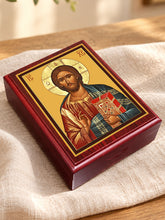 Load image into Gallery viewer, Christ The Teacher Byzantine Icon Box Wooden Rosary Prayer Beads Keepsake Box Religious Christian - Lined With Velvet - High Quality - Religious Gift Idea  5 1/16"
