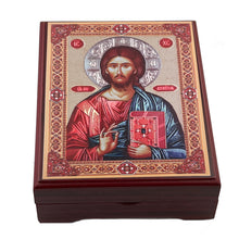 Load image into Gallery viewer, Christ The Teacher - Wooden Icon Box - Keepsake Box For Prayer Beads,  Rosary, Jewelry - Lined With Velvet - High Quality - Religious Gift Idea  5 1/16"

