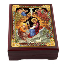 Load image into Gallery viewer, Nativity if Christ Wooden Icon Box For Rosary, Jewelry,  Keepsake Icon Box, Lined With Velvet High Quality  5 1/16"x4 1/16"
