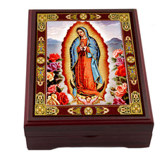 Load image into Gallery viewer, Our Lady of Guadalupe - Wooden Icon Box - Keepsake Box For Prayer Beads,  Rosary, Jewelry - Lined With Velvet - High Quality - Religious Gift Idea  5 1/16"
