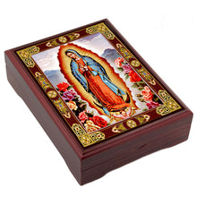 Load image into Gallery viewer, Our Lady of Guadalupe - Wooden Icon Box - Keepsake Box For Prayer Beads,  Rosary, Jewelry - Lined With Velvet - High Quality - Religious Gift Idea  5 1/16"
