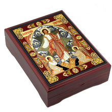 Load image into Gallery viewer, Resurrection of Christ With Six Wing Seraphim Angels - Wooden Icon Box - Keepsake Box For Prayer Beads,  Rosary, Jewelry - Lined With Velvet - High Quality - Religious Gift Idea  5 1/16"
