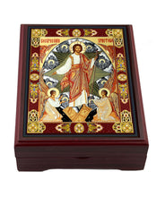 Load image into Gallery viewer, Resurrection of Christ With Six Wing Seraphim Angels - Wooden Icon Box - Keepsake Box For Prayer Beads,  Rosary, Jewelry - Lined With Velvet - High Quality - Religious Gift Idea  5 1/16"
