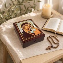 Load image into Gallery viewer, Virgin of Kazan Icon Box Wooden Rosary Prayer Beads Keepsake Box Religious Christian - Lined With Velvet - High Quality - Religious Gift Idea  5 1/16"
